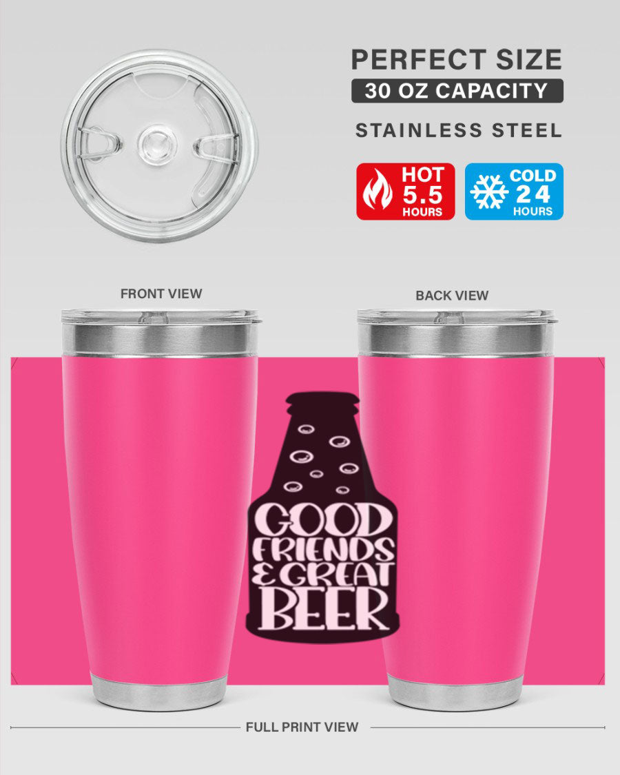 Good Friends Great Beer 39# Tumbler in stainless steel with a drink-thru lid, perfect for hot and cold beverages.