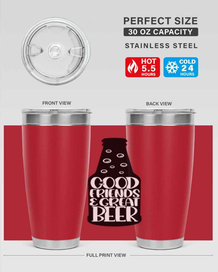 Good Friends Great Beer 39# Tumbler in stainless steel with a drink-thru lid, perfect for hot and cold beverages.