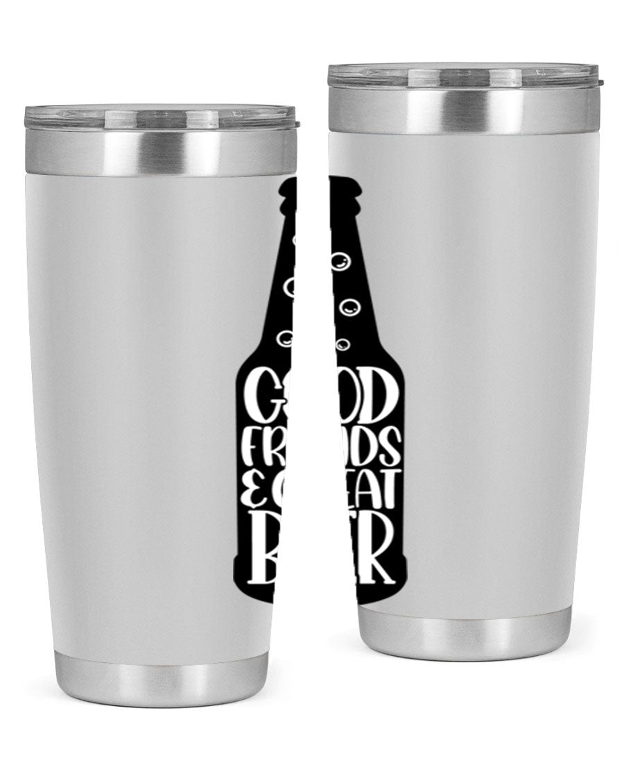 Good Friends Great Beer 39# Tumbler in stainless steel with a drink-thru lid, perfect for hot and cold beverages.