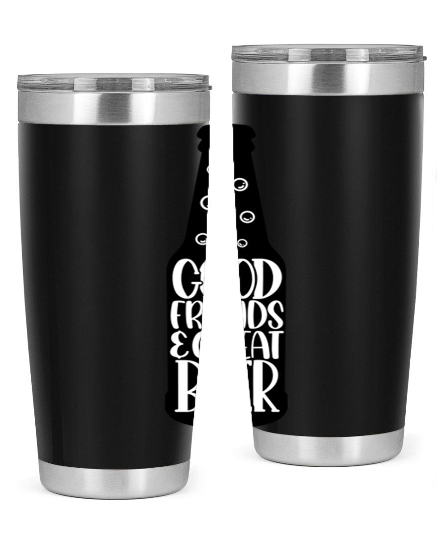 Good Friends Great Beer 39# Tumbler in stainless steel with a drink-thru lid, perfect for hot and cold beverages.