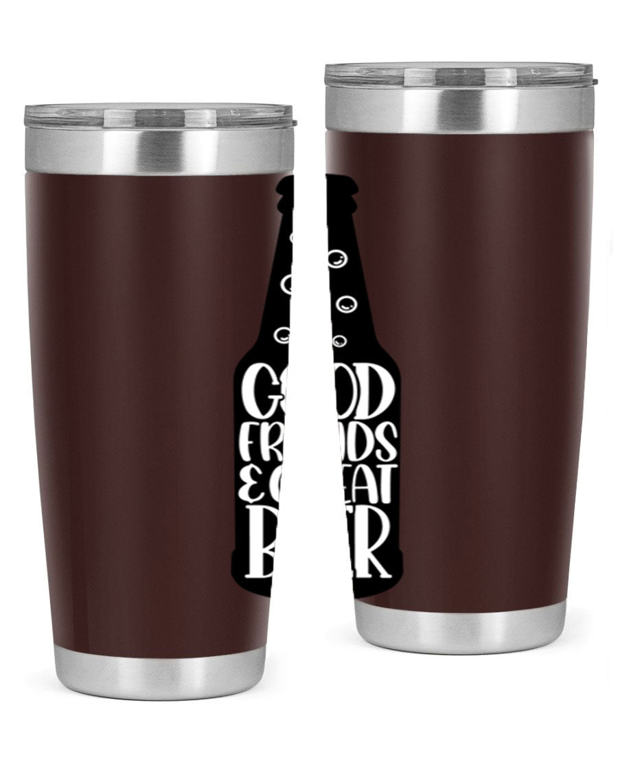 Good Friends Great Beer 39# Tumbler in stainless steel with a drink-thru lid, perfect for hot and cold beverages.