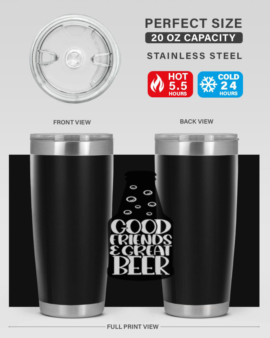 Good Friends Great Beer 39# Tumbler in stainless steel with a drink-thru lid, perfect for hot and cold beverages.