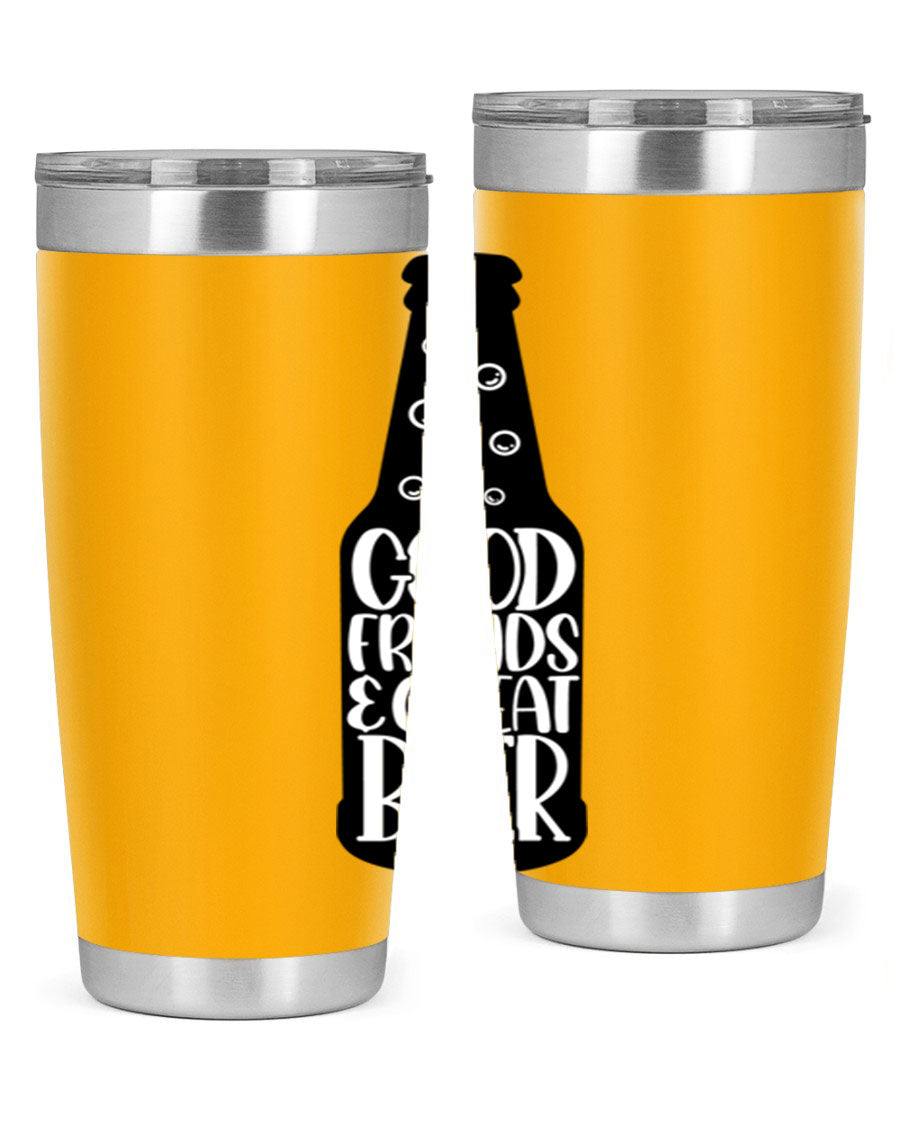 Good Friends Great Beer 39# Tumbler in stainless steel with a drink-thru lid, perfect for hot and cold beverages.