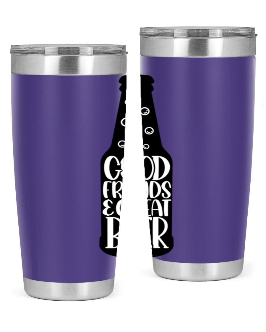 Good Friends Great Beer 39# Tumbler in stainless steel with a drink-thru lid, perfect for hot and cold beverages.