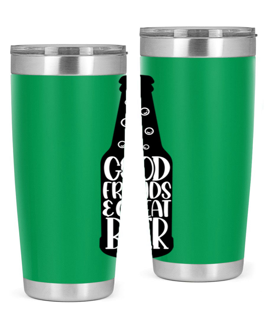 Good Friends Great Beer 39# Tumbler in stainless steel with a drink-thru lid, perfect for hot and cold beverages.