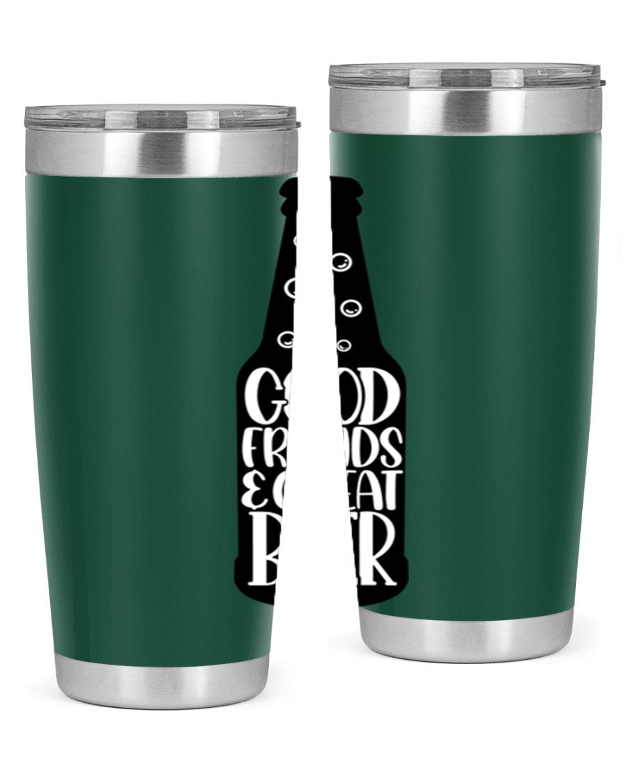 Good Friends Great Beer 39# Tumbler in stainless steel with a drink-thru lid, perfect for hot and cold beverages.