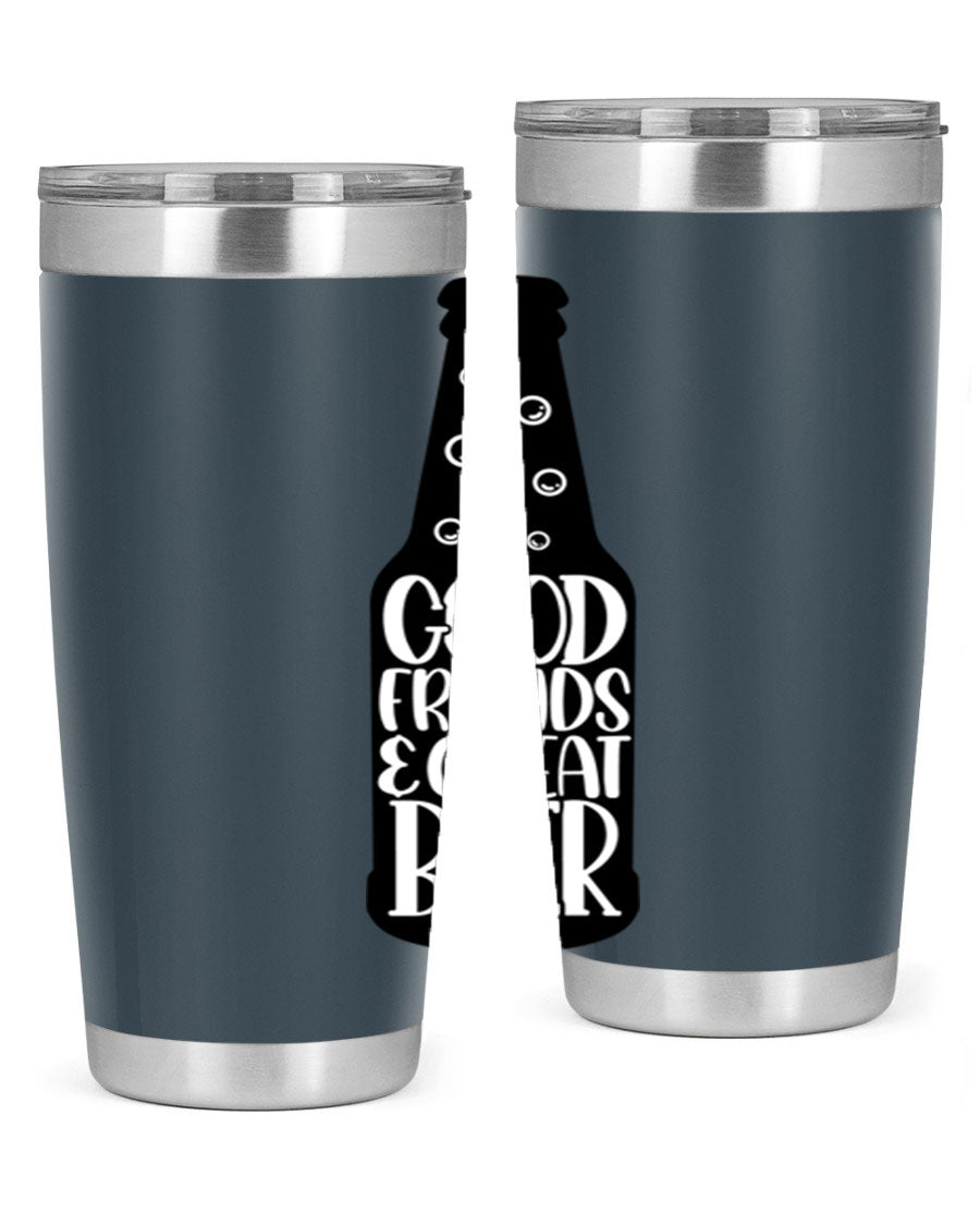 Good Friends Great Beer 39# Tumbler in stainless steel with a drink-thru lid, perfect for hot and cold beverages.