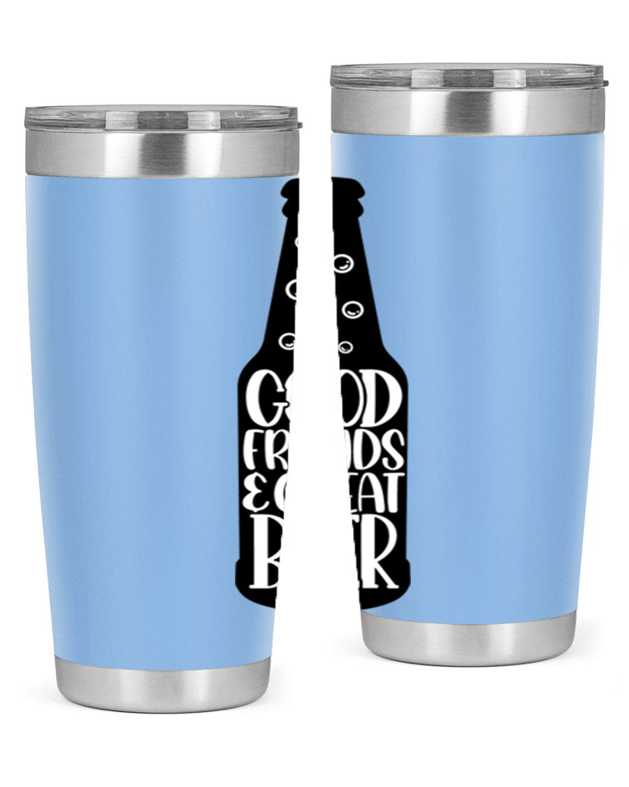 Good Friends Great Beer 39# Tumbler in stainless steel with a drink-thru lid, perfect for hot and cold beverages.