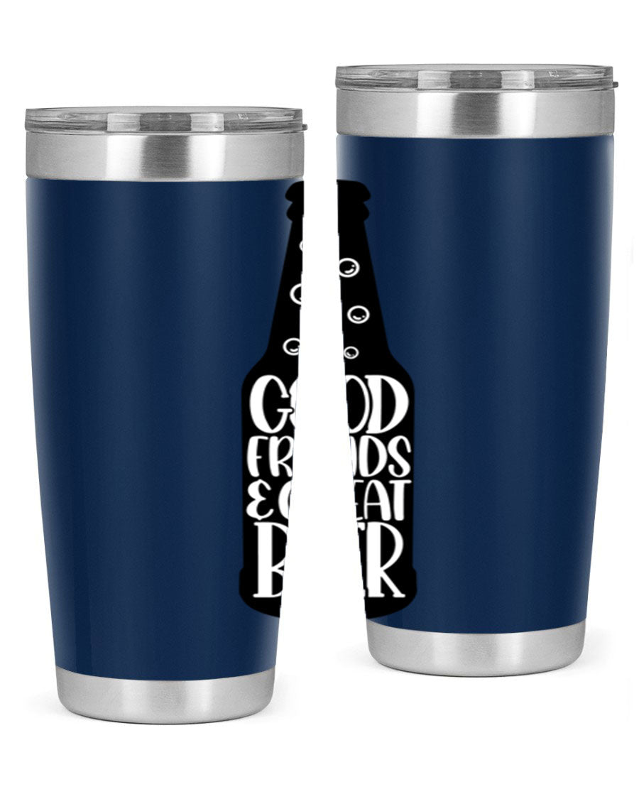 Good Friends Great Beer 39# Tumbler in stainless steel with a drink-thru lid, perfect for hot and cold beverages.