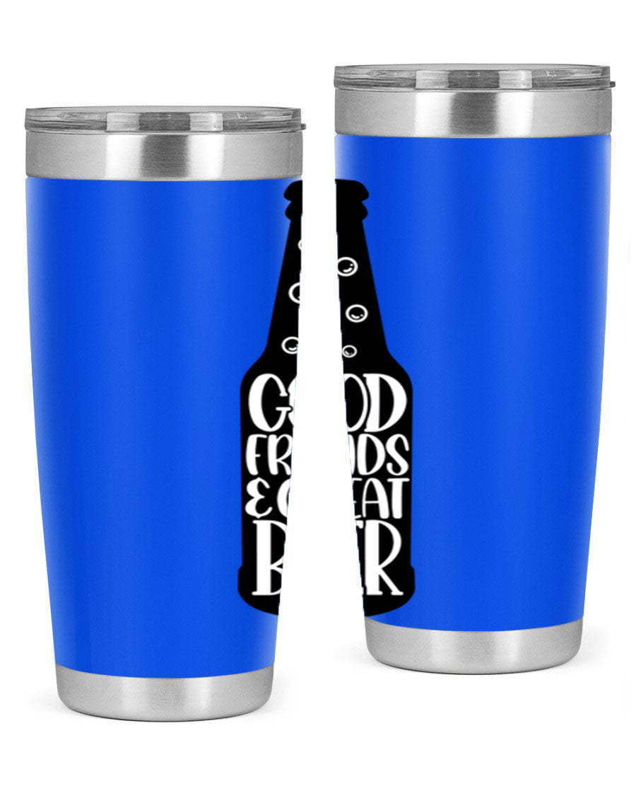 Good Friends Great Beer 39# Tumbler in stainless steel with a drink-thru lid, perfect for hot and cold beverages.