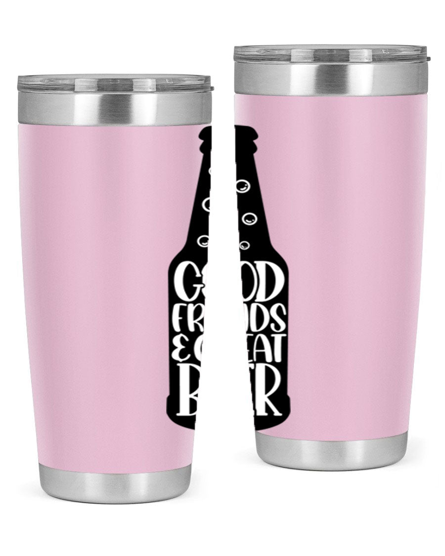 Good Friends Great Beer 39# Tumbler in stainless steel with a drink-thru lid, perfect for hot and cold beverages.