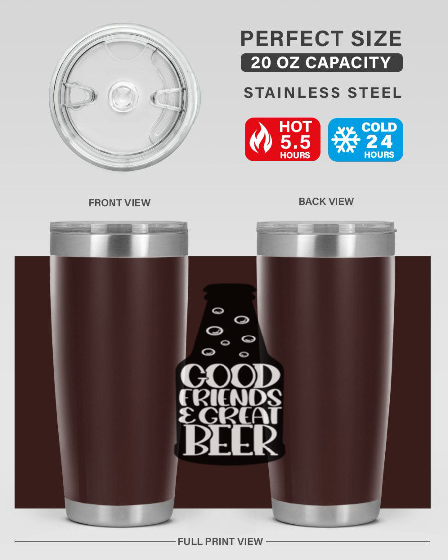 Good Friends Great Beer 39# Tumbler in stainless steel with a drink-thru lid, perfect for hot and cold beverages.