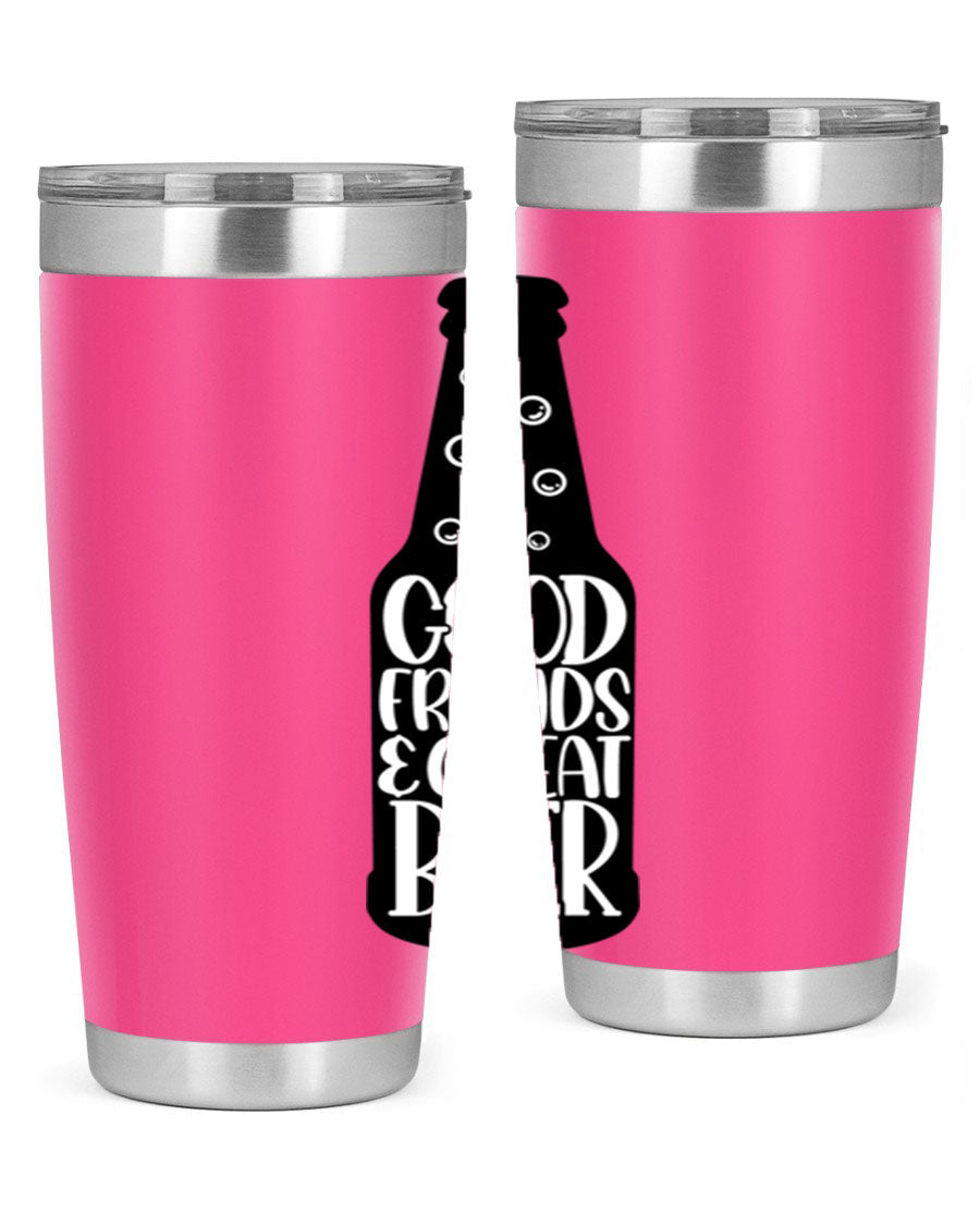 Good Friends Great Beer 39# Tumbler in stainless steel with a drink-thru lid, perfect for hot and cold beverages.