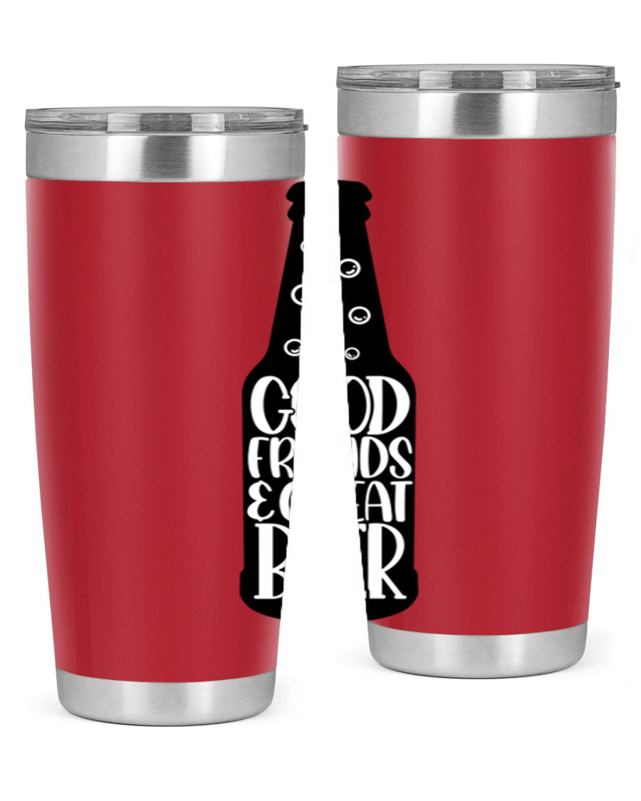 Good Friends Great Beer 39# Tumbler in stainless steel with a drink-thru lid, perfect for hot and cold beverages.