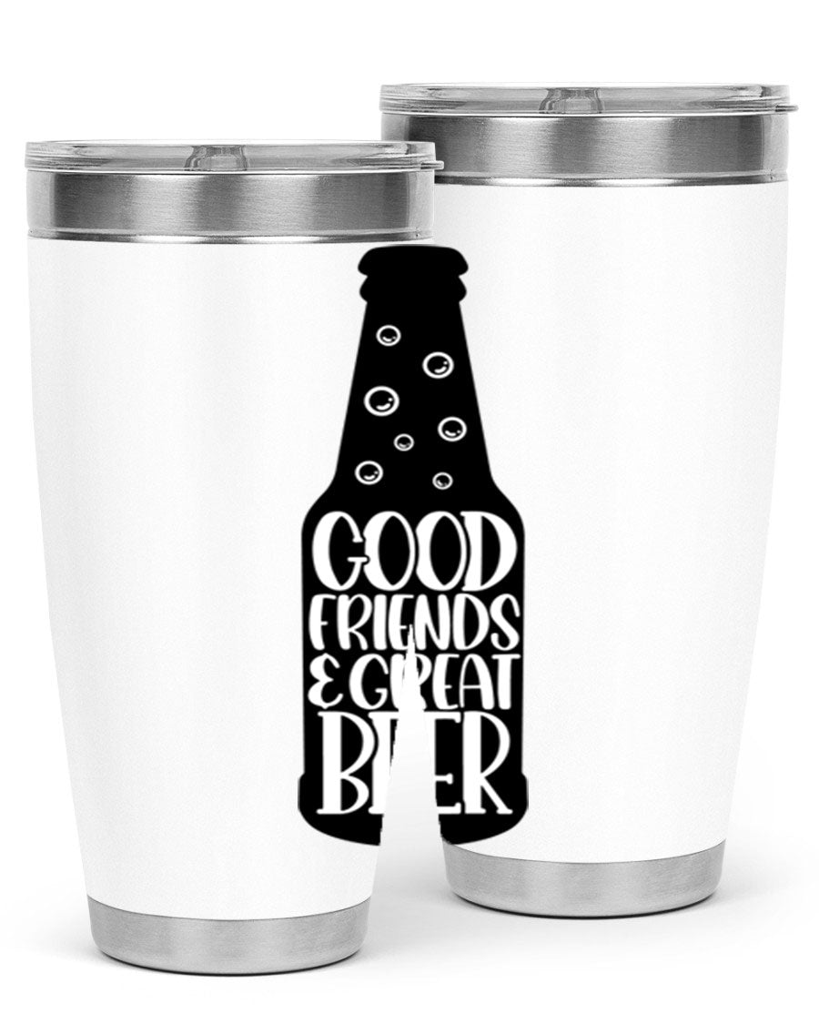 Good Friends Great Beer 39# Tumbler in stainless steel with a drink-thru lid, perfect for hot and cold beverages.