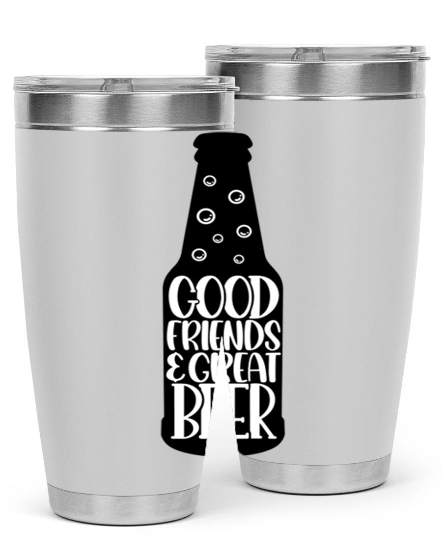 Good Friends Great Beer 39# Tumbler in stainless steel with a drink-thru lid, perfect for hot and cold beverages.