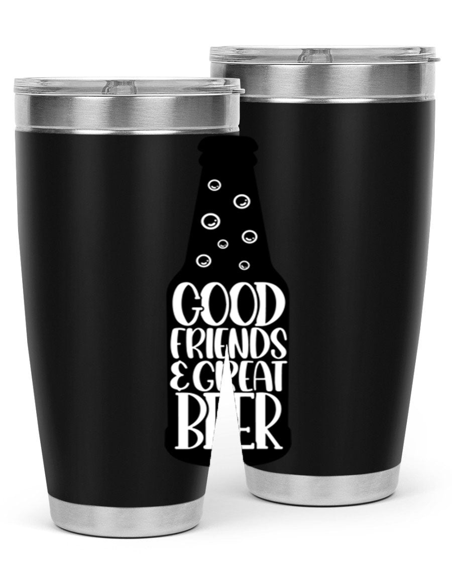 Good Friends Great Beer 39# Tumbler in stainless steel with a drink-thru lid, perfect for hot and cold beverages.
