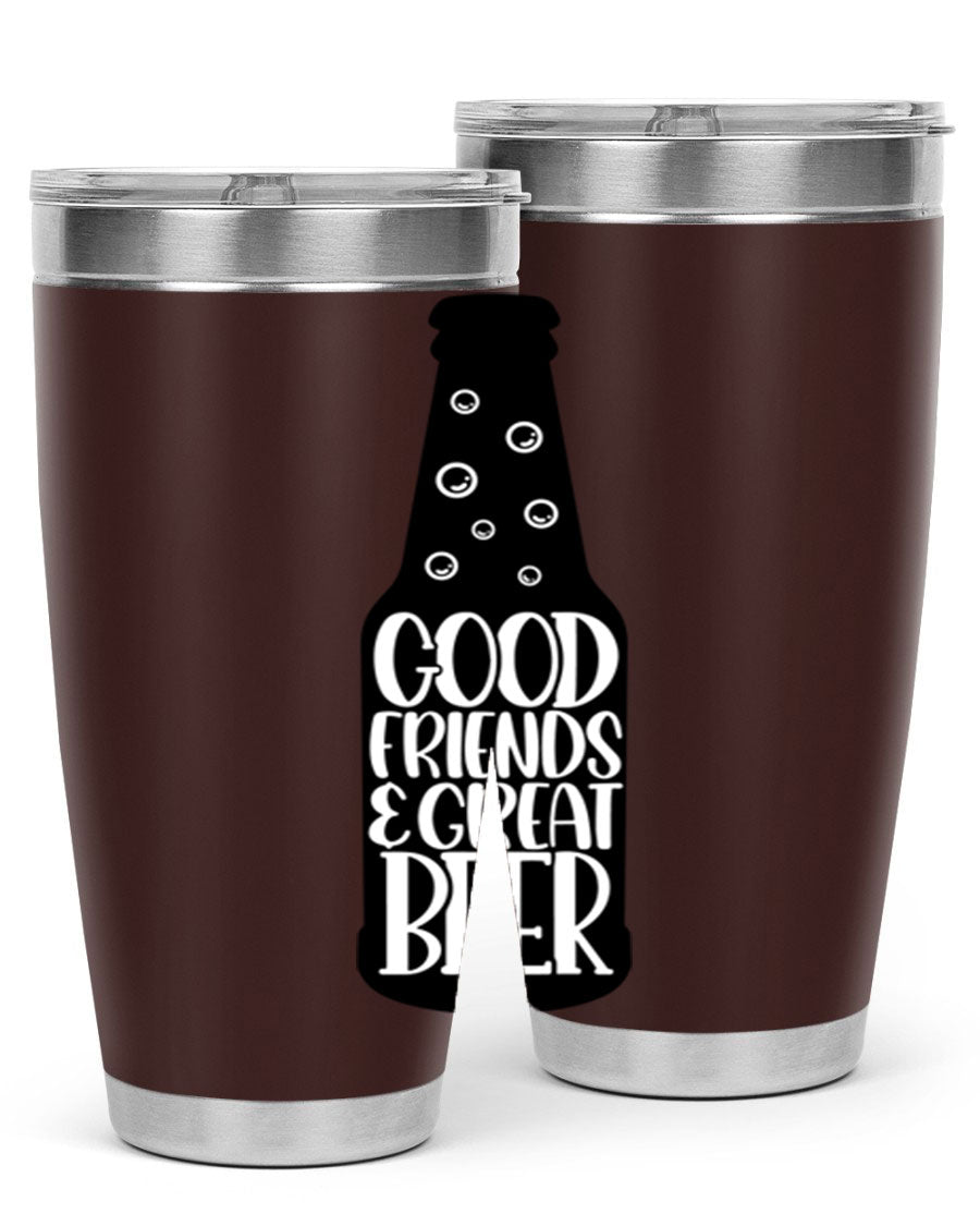 Good Friends Great Beer 39# Tumbler in stainless steel with a drink-thru lid, perfect for hot and cold beverages.