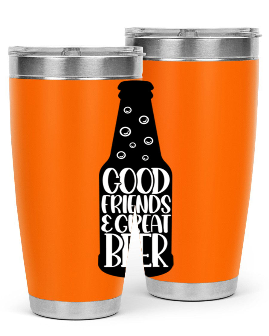Good Friends Great Beer 39# Tumbler in stainless steel with a drink-thru lid, perfect for hot and cold beverages.
