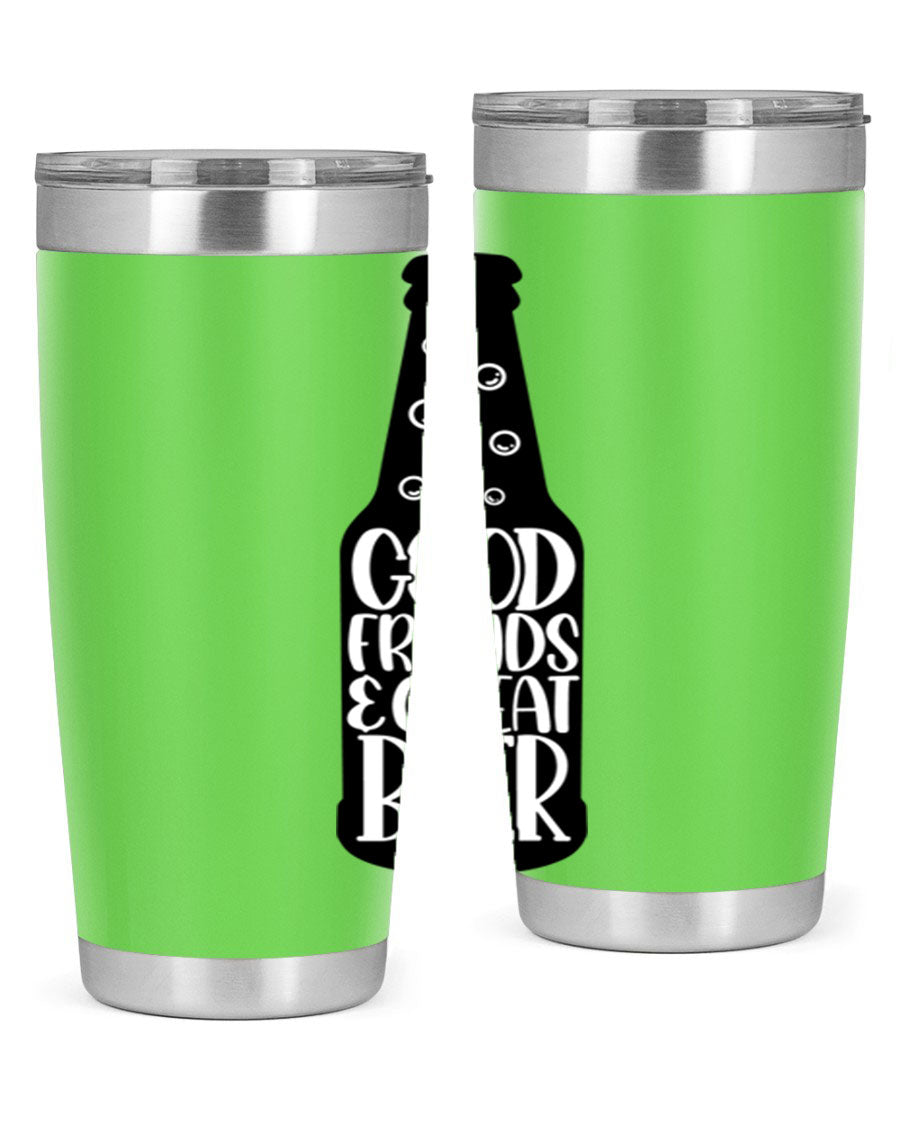 Good Friends Great Beer 39# Tumbler in stainless steel with a drink-thru lid, perfect for hot and cold beverages.