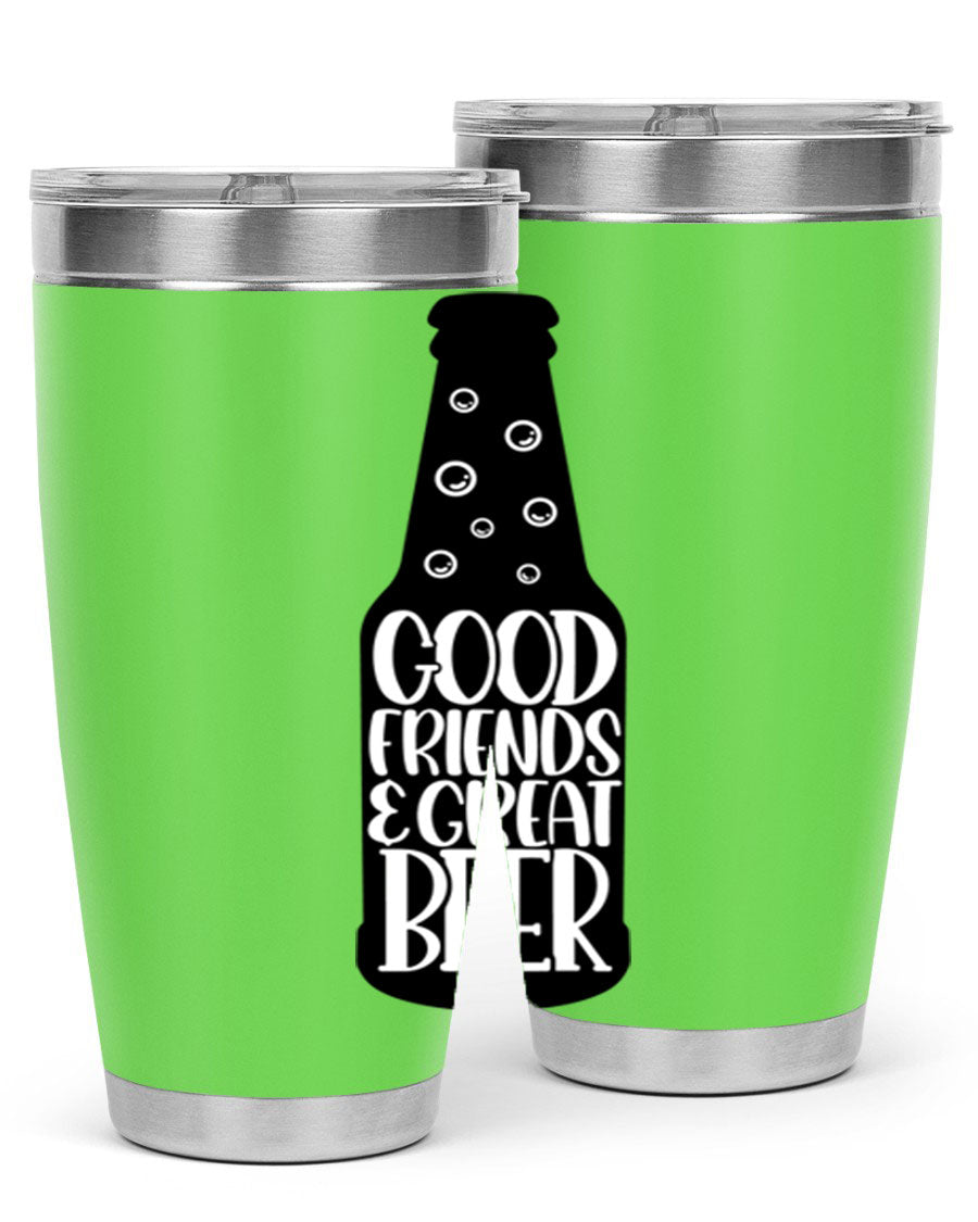 Good Friends Great Beer 39# Tumbler in stainless steel with a drink-thru lid, perfect for hot and cold beverages.