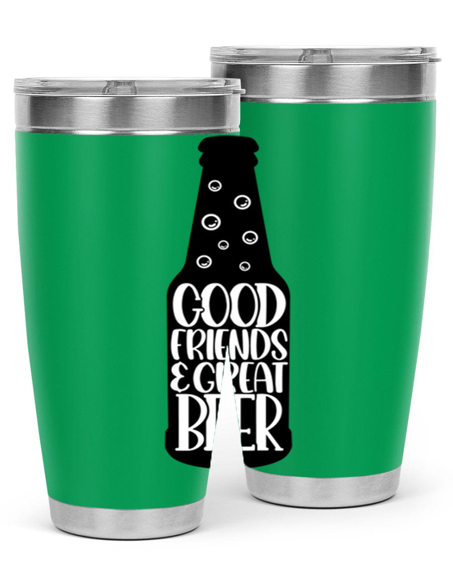 Good Friends Great Beer 39# Tumbler in stainless steel with a drink-thru lid, perfect for hot and cold beverages.