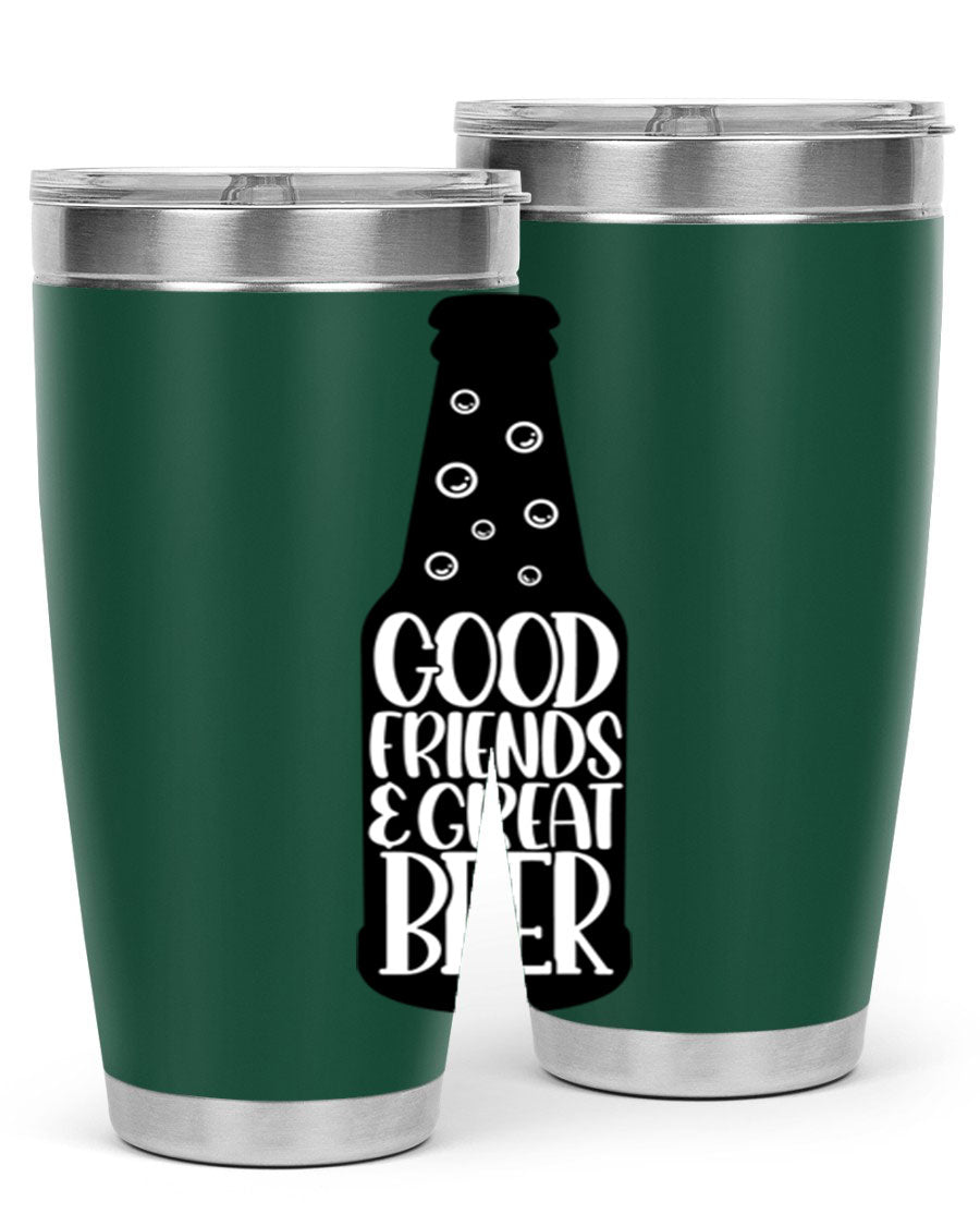 Good Friends Great Beer 39# Tumbler in stainless steel with a drink-thru lid, perfect for hot and cold beverages.