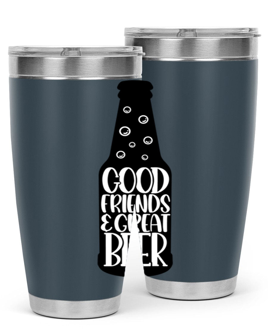 Good Friends Great Beer 39# Tumbler in stainless steel with a drink-thru lid, perfect for hot and cold beverages.