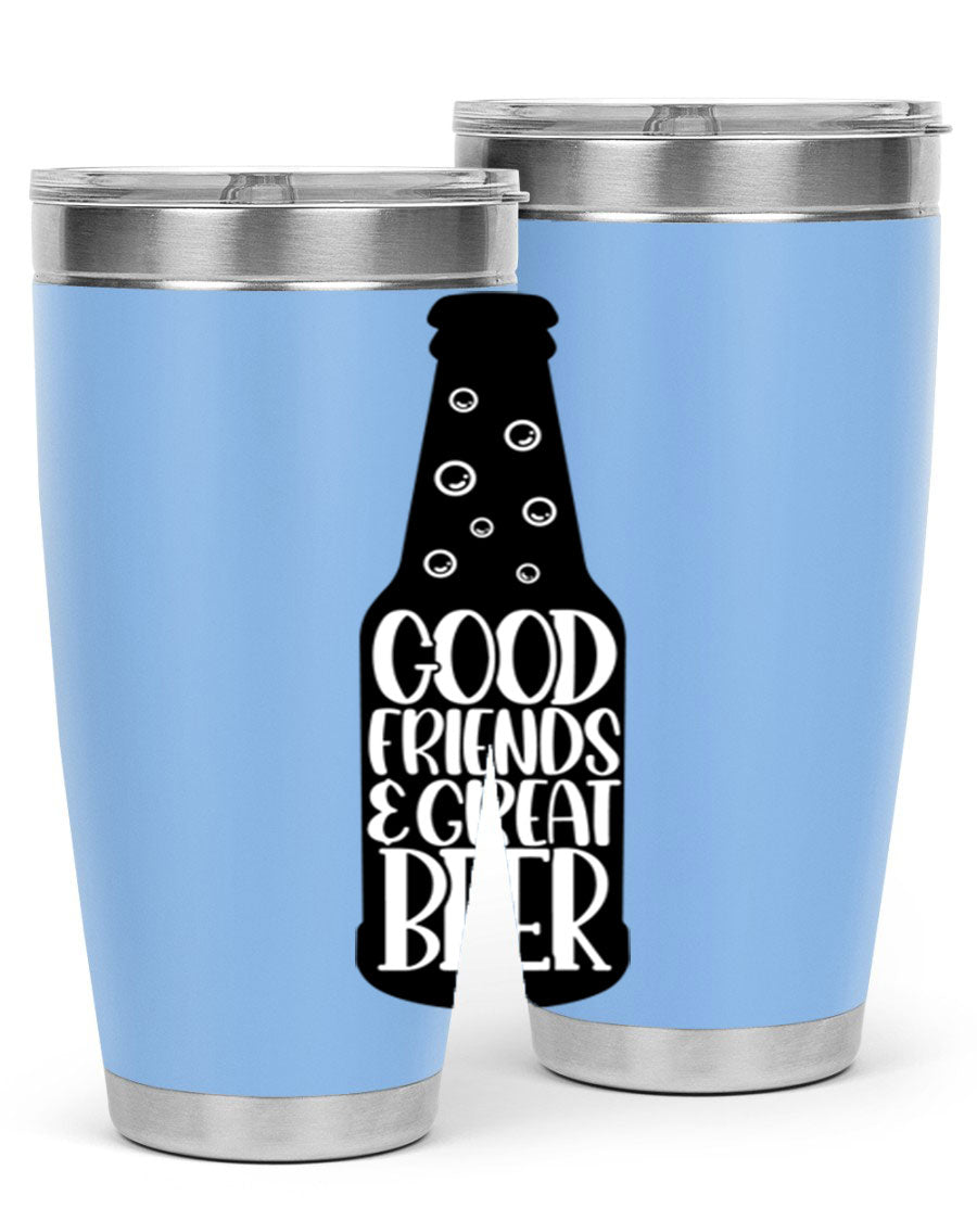 Good Friends Great Beer 39# Tumbler in stainless steel with a drink-thru lid, perfect for hot and cold beverages.