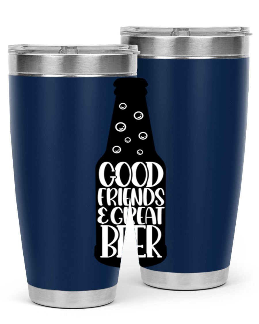 Good Friends Great Beer 39# Tumbler in stainless steel with a drink-thru lid, perfect for hot and cold beverages.