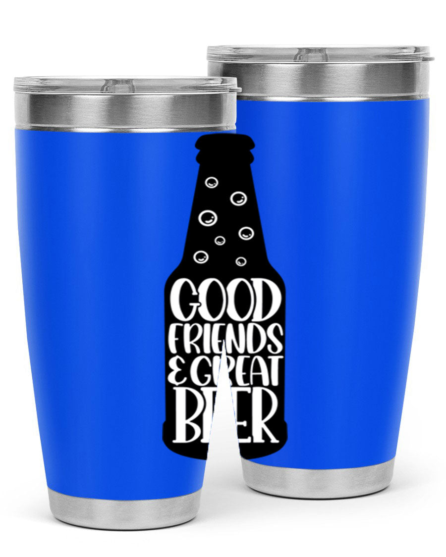 Good Friends Great Beer 39# Tumbler in stainless steel with a drink-thru lid, perfect for hot and cold beverages.