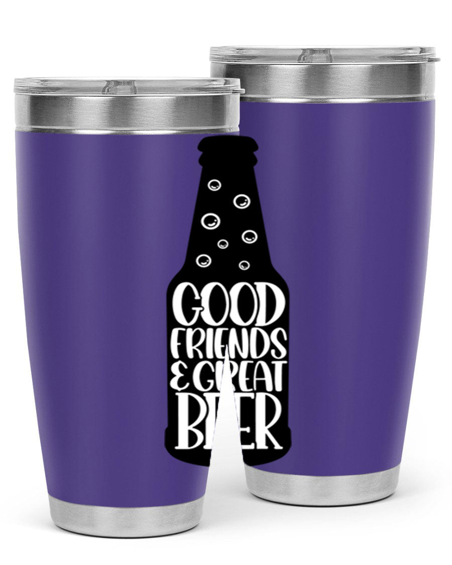 Good Friends Great Beer 39# Tumbler in stainless steel with a drink-thru lid, perfect for hot and cold beverages.