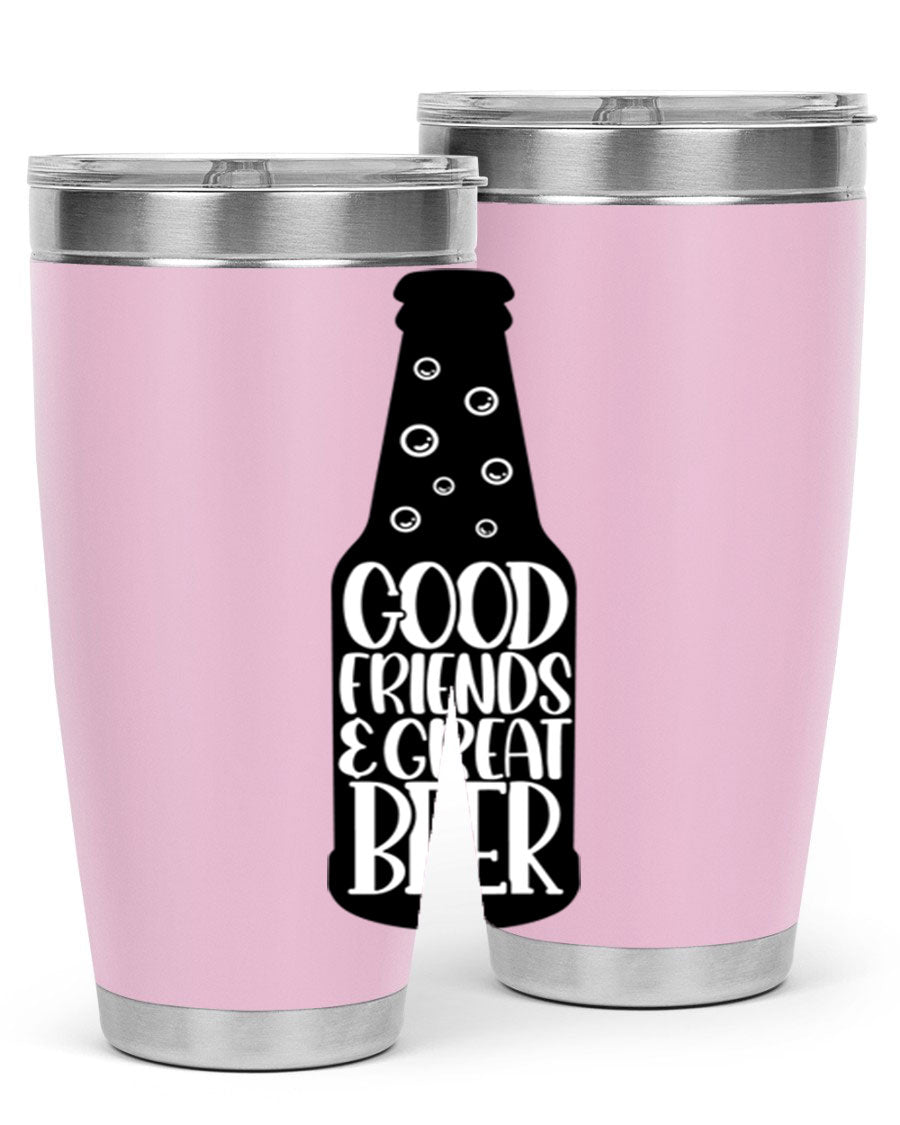 Good Friends Great Beer 39# Tumbler in stainless steel with a drink-thru lid, perfect for hot and cold beverages.