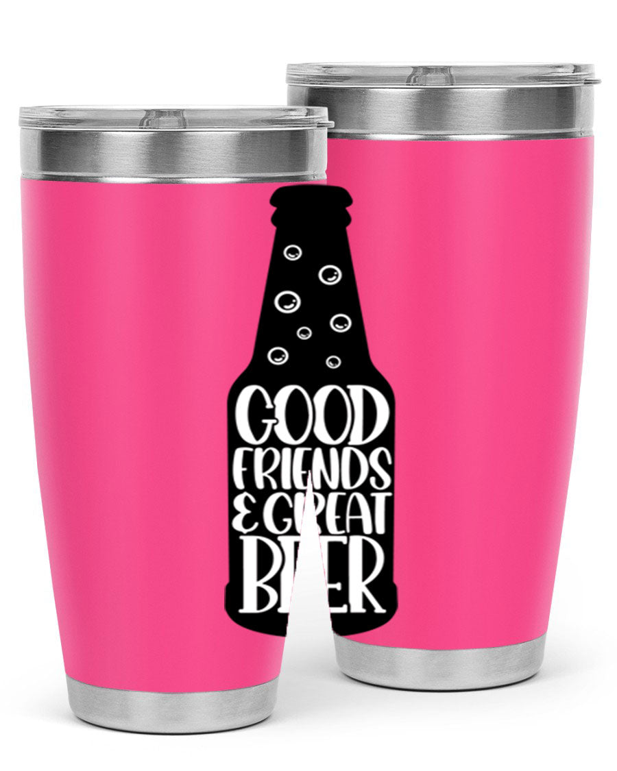 Good Friends Great Beer 39# Tumbler in stainless steel with a drink-thru lid, perfect for hot and cold beverages.