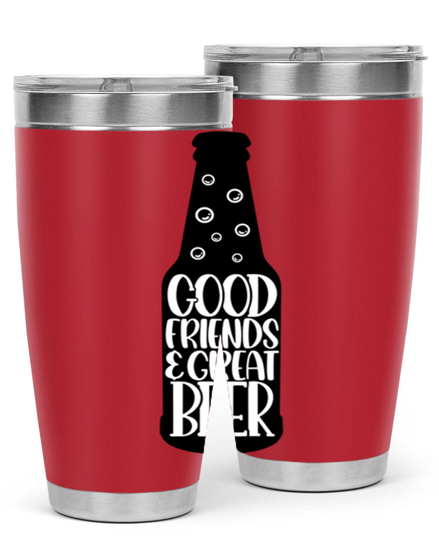 Good Friends Great Beer 39# Tumbler in stainless steel with a drink-thru lid, perfect for hot and cold beverages.