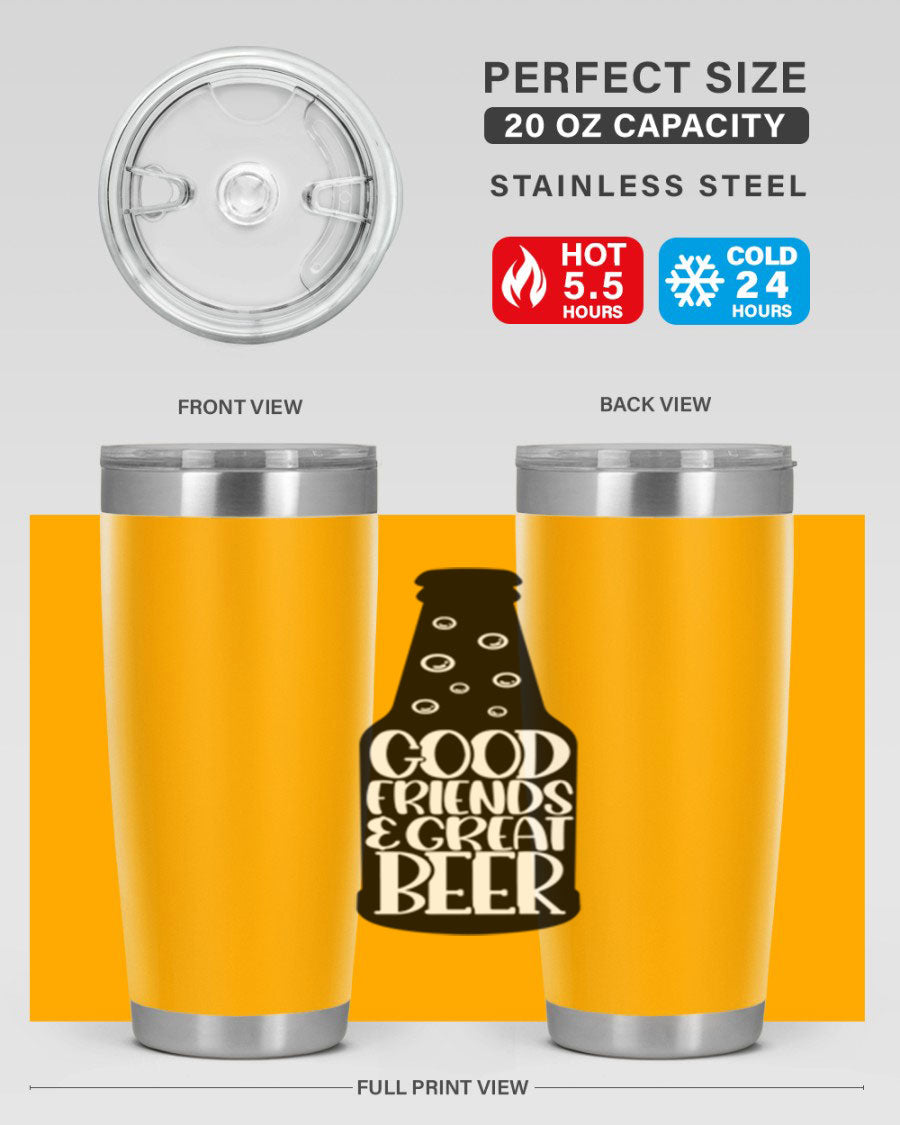 Good Friends Great Beer 39# Tumbler in stainless steel with a drink-thru lid, perfect for hot and cold beverages.