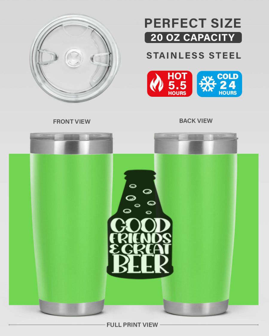 Good Friends Great Beer 39# Tumbler in stainless steel with a drink-thru lid, perfect for hot and cold beverages.