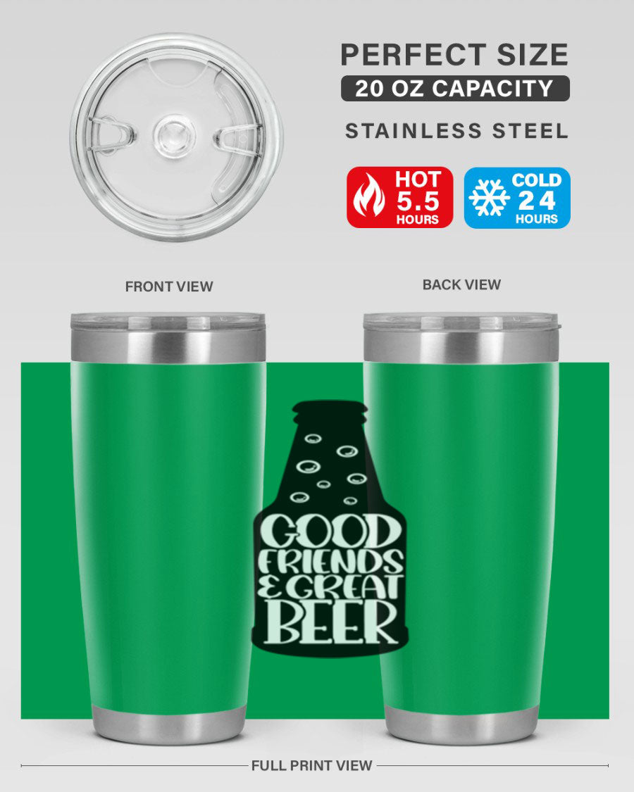 Good Friends Great Beer 39# Tumbler in stainless steel with a drink-thru lid, perfect for hot and cold beverages.