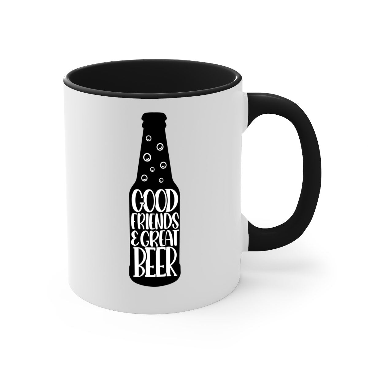 Good Friends Great Beer Mug with colorful handle and glossy finish, available in multiple colors and sizes.