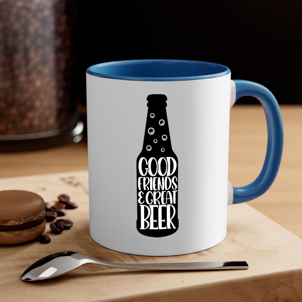 Good Friends Great Beer Mug with colorful handle and glossy finish, available in multiple colors and sizes.