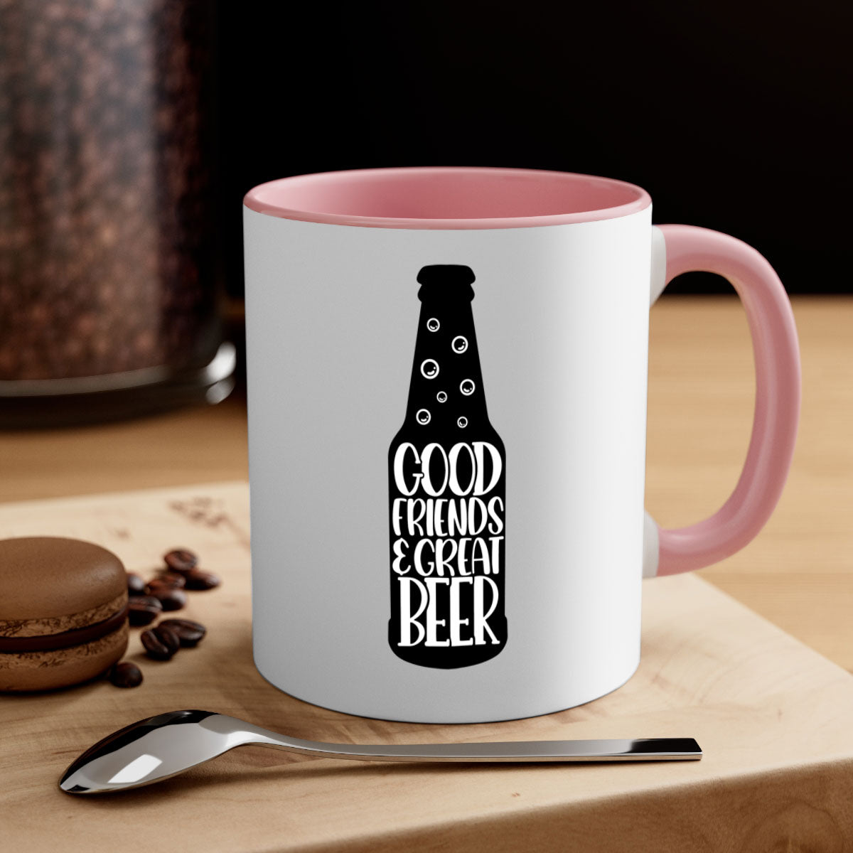 Good Friends Great Beer Mug with colorful handle and glossy finish, available in multiple colors and sizes.