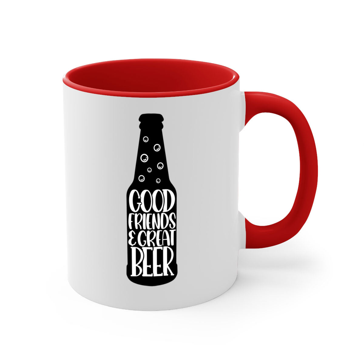 Good Friends Great Beer Mug with colorful handle and glossy finish, available in multiple colors and sizes.