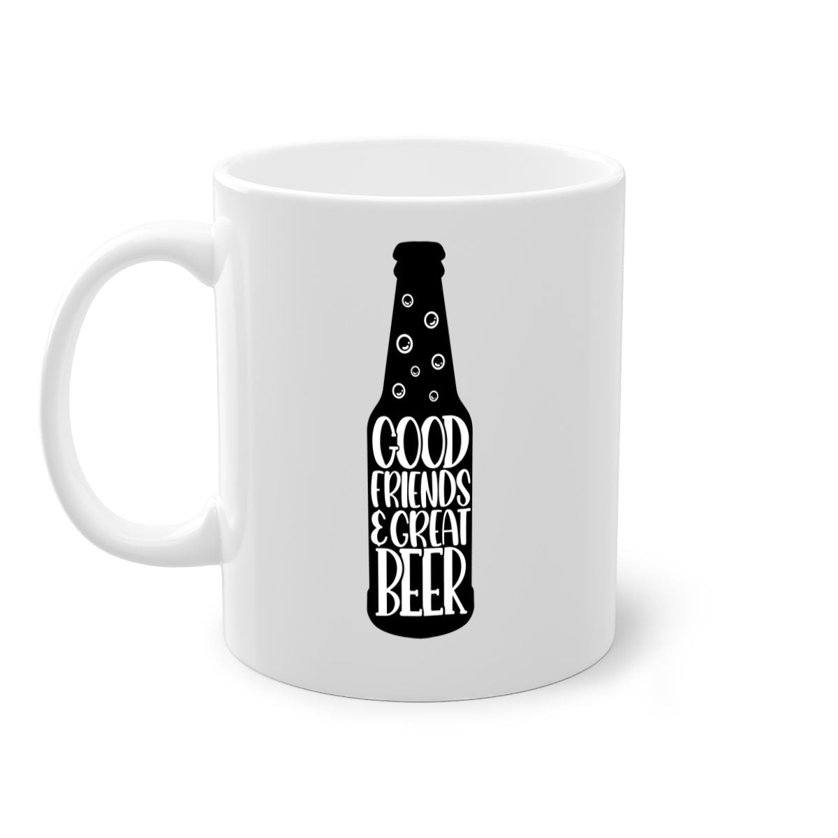 Good Friends Great Beer Mug with colorful handle and glossy finish, available in multiple colors and sizes.