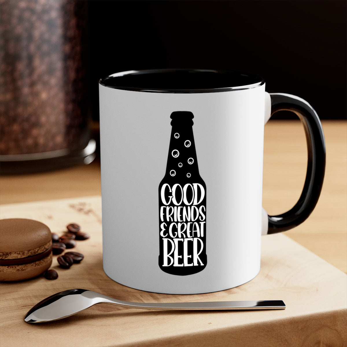 Good Friends Great Beer Mug with colorful handle and glossy finish, available in multiple colors and sizes.