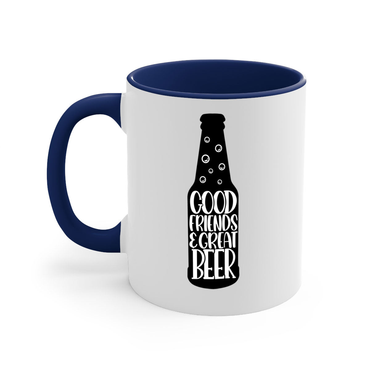 Good Friends Great Beer Mug with colorful handle and glossy finish, available in multiple colors and sizes.