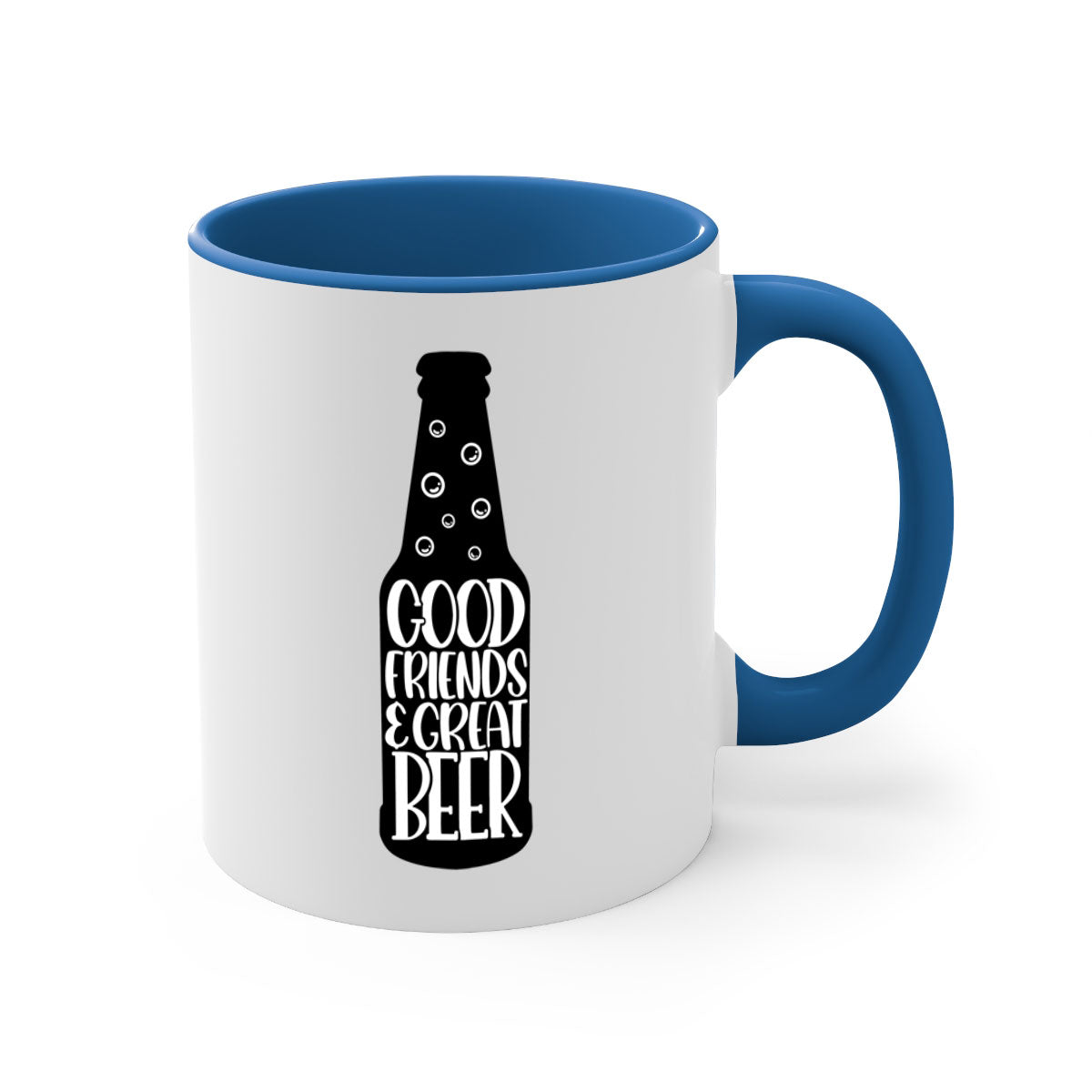 Good Friends Great Beer Mug with colorful handle and glossy finish, available in multiple colors and sizes.