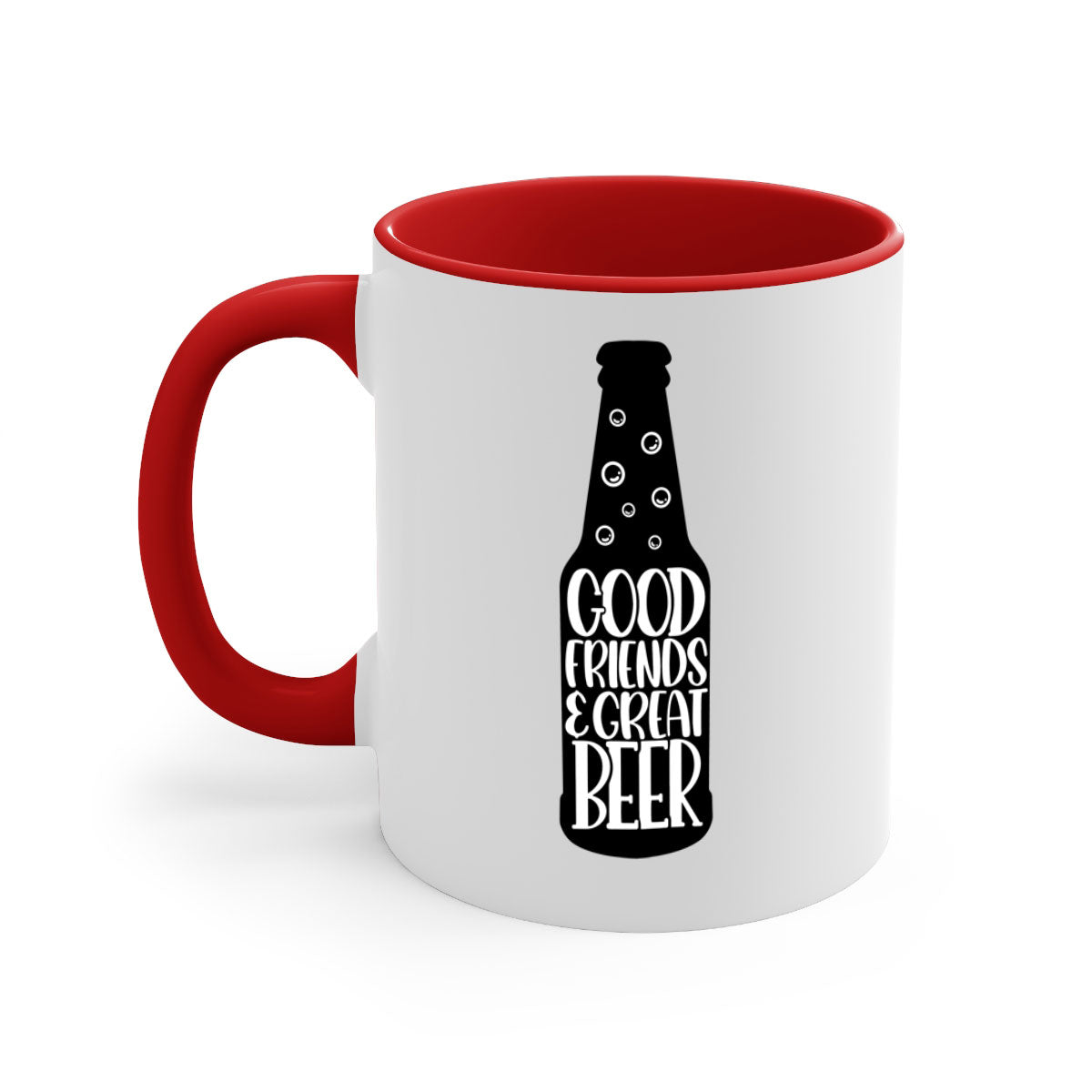 Good Friends Great Beer Mug with colorful handle and glossy finish, available in multiple colors and sizes.