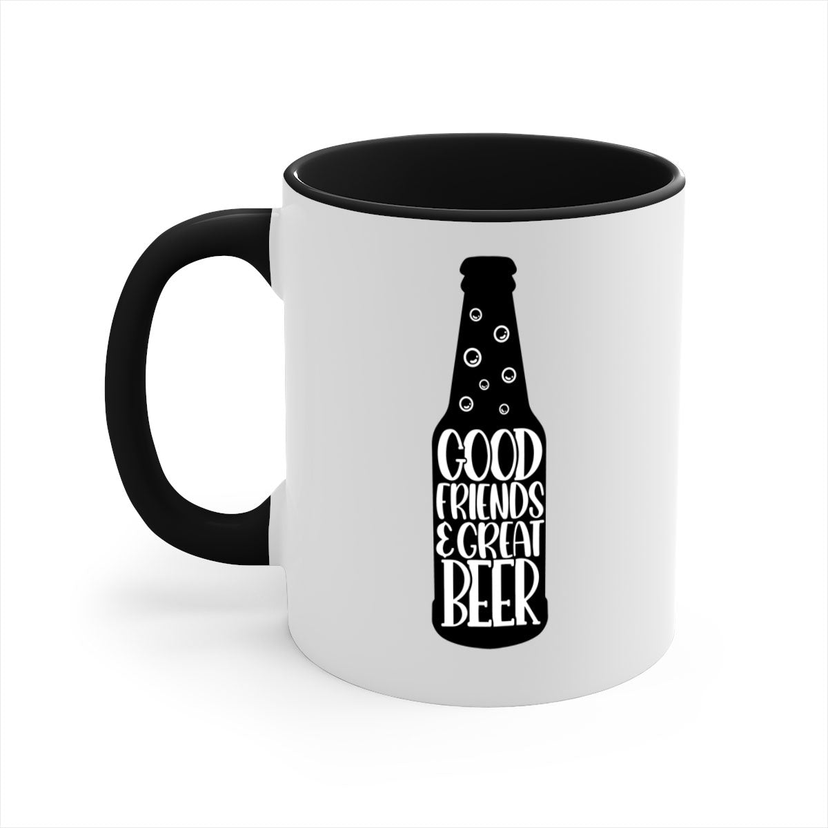 Good Friends Great Beer Mug with colorful handle and glossy finish, available in multiple colors and sizes.