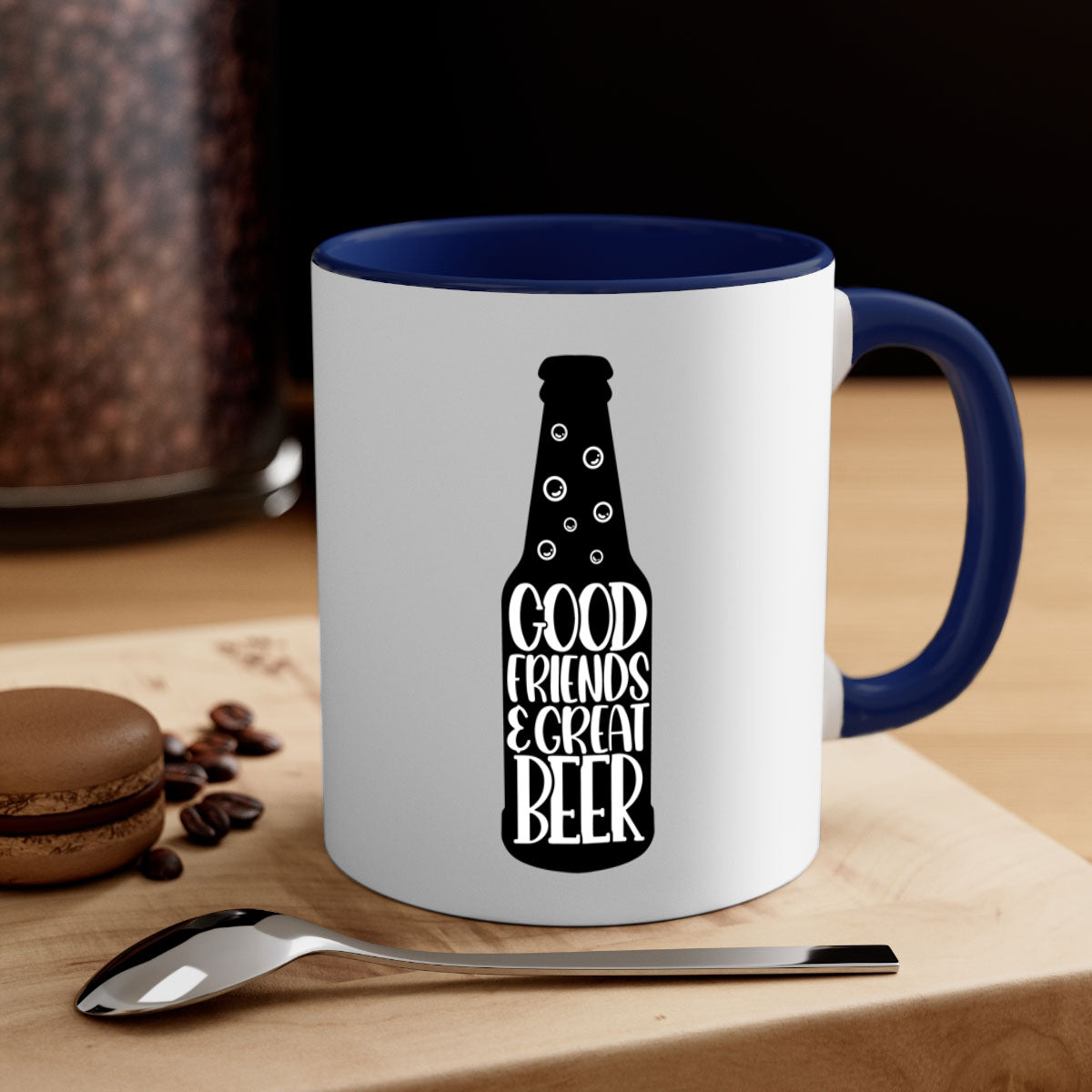 Good Friends Great Beer Mug with colorful handle and glossy finish, available in multiple colors and sizes.