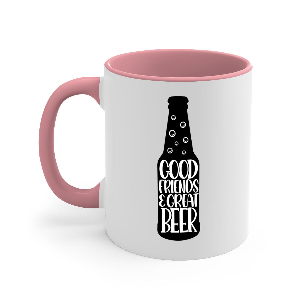 Good Friends Great Beer Mug with colorful handle and glossy finish, available in multiple colors and sizes.
